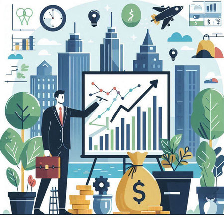 Vector illustration of business and finance concept in flat style. Businessman with briefcase, money bag and charts on city background.のイラスト素材