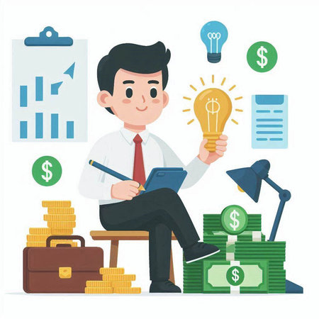 Businessman with a light bulb and a pile of money. Vector illustration.のイラスト素材