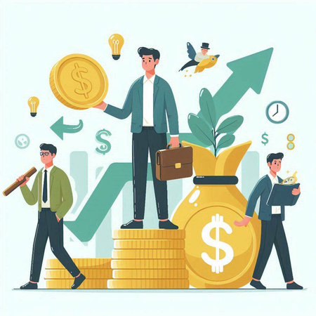 Businessman standing on stack of coins. Successful business concept. Vector illustration in cartoon styleのイラスト素材