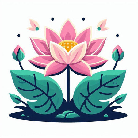 Beautiful pink lotus flower with green leaves. Vector illustration.のイラスト素材