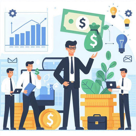 Businessman holding money bag. Business people vector illustration in flat styleのイラスト素材