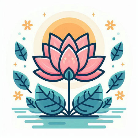 Lotus flower and leaves. Vector illustration in flat linear style.のイラスト素材