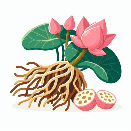 Lotus flower with root. Vector illustration isolated on white background.のイラスト素材