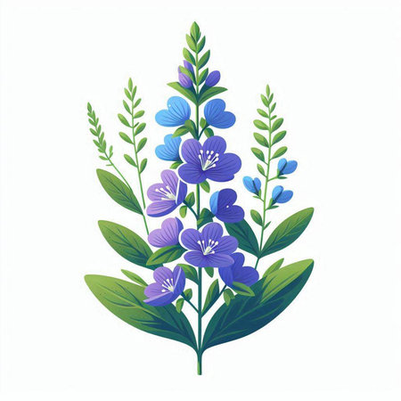 Beautiful blue flowers and leaves isolated on white background. Vector illustration.のイラスト素材