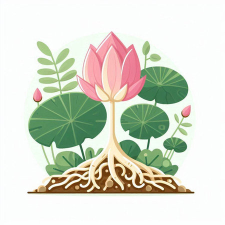 Lotus flower with roots and leaves isolated on white background. Vector illustration.のイラスト素材