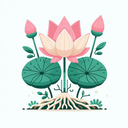 Pink lotus flowers with green leaves on white background. Vector illustration.のイラスト素材