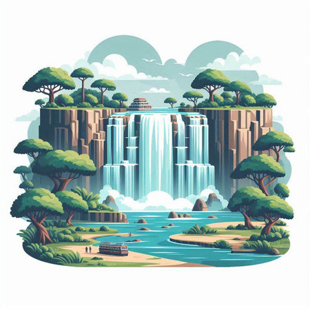 Waterfall in the forest. Vector illustration in a flat style.のイラスト素材