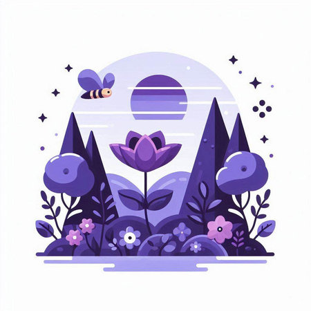 Landscape with flowers, trees and insects. Vector illustration in flat styleのイラスト素材