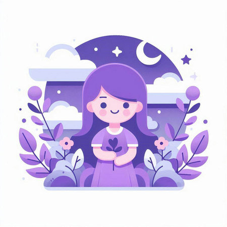 Cute girl with flower and moon. Vector illustration in cartoon styleのイラスト素材