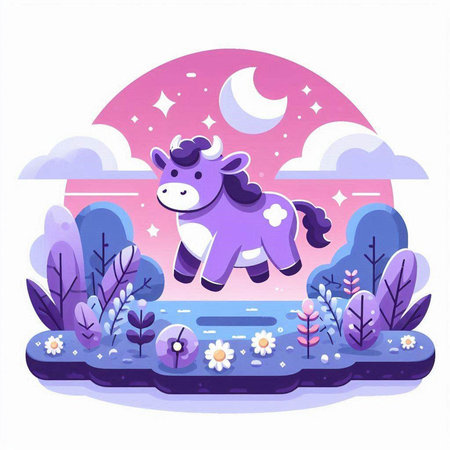 Cute cartoon unicorn on the background of the night sky. Vector illustrationのイラスト素材