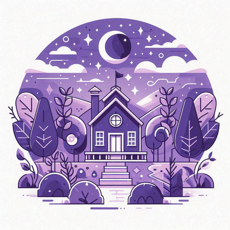 Vector illustration of a cute house in the forest at night. Cartoon style.のイラスト素材