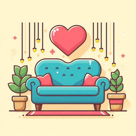 Vector illustration of a cozy living room with a sofa and a heartのイラスト素材