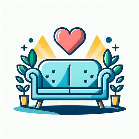 Couch with a heart in the interior. Vector flat illustration.のイラスト素材