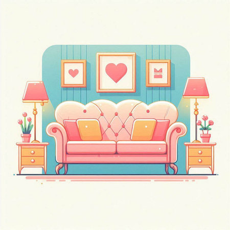 Living room interior with sofa and armchair. Vector illustration in retro style.のイラスト素材