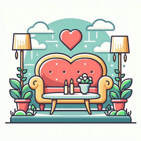 Vector illustration of a cozy living room with a sofa, a coffee table and a heartのイラスト素材