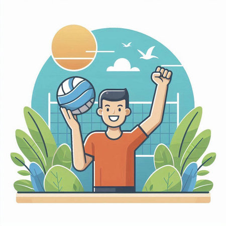 Man playing volleyball in the park. Vector illustration in flat style.のイラスト素材