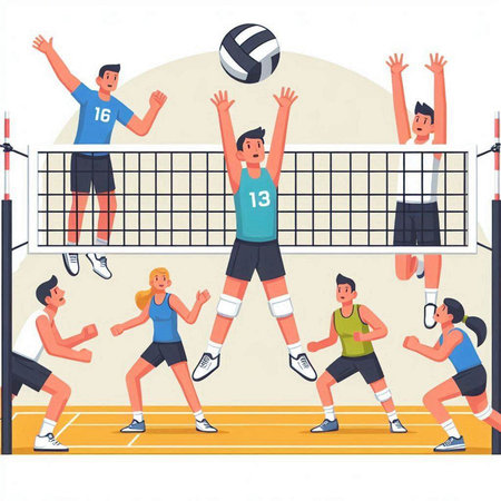 Volleyball players vector illustration. Cartoon men and women playing volleyball on courtのイラスト素材