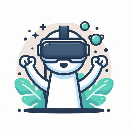 Vector illustration of white dog wearing virtual reality glasses. Flat style design.のイラスト素材