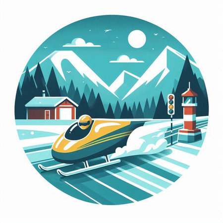 Snowy winter landscape with snowmobile and house. Vector illustration.のイラスト素材