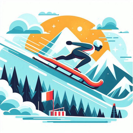 Skiing in the mountains. Vector illustration, flat style.のイラスト素材