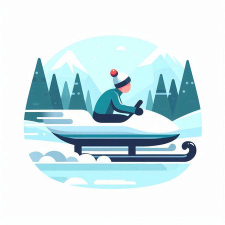 Snowboarder riding a snowmobile in the mountains. Vector illustration in flat styleのイラスト素材