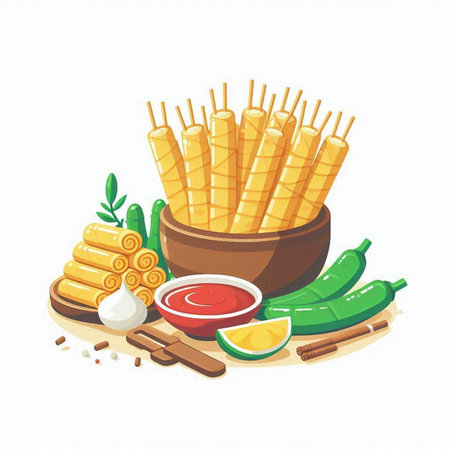 Crispy fried corn sticks in wooden bowl with sauce and chili pepper. Vector illustrationのイラスト素材