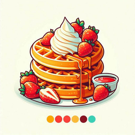 Strawberry waffles with whipped cream and strawberries. Vector illustration.のイラスト素材