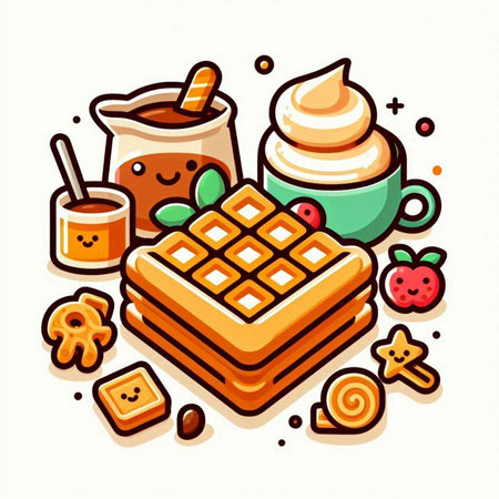 Vector illustration of waffles with ice cream, coffee and cookies.のイラスト素材