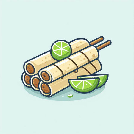 Illustration of sticky rice with chopsticks and lime slices on blue backgroundのイラスト素材