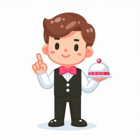 Waiter holding a tray with a cake. Vector illustration in cartoon style.のイラスト素材