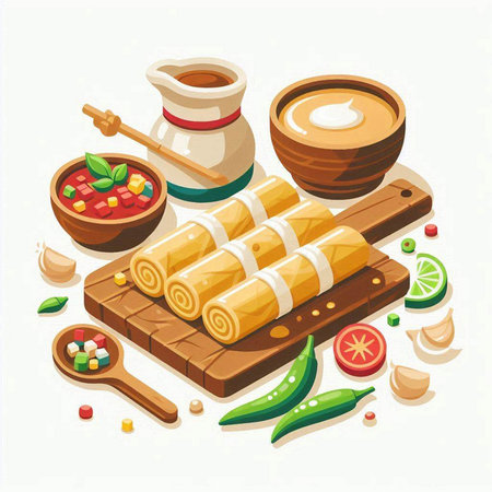 Illustration of traditional asian dumplings on wooden cutting boardのイラスト素材
