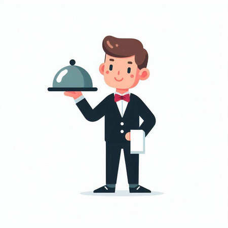 Waiter holding a tray of food. Vector illustration in cartoon style.のイラスト素材
