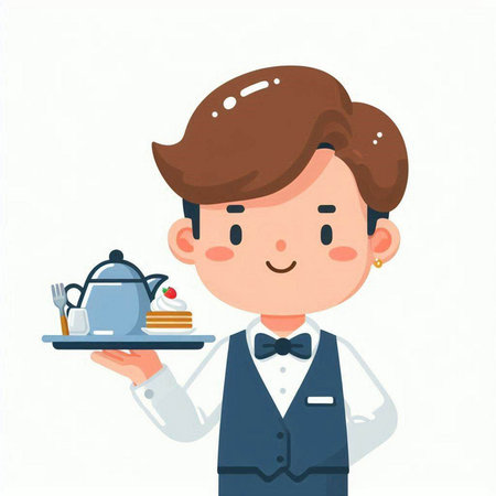 Illustration of a waiter serving a tray with a teapotのイラスト素材