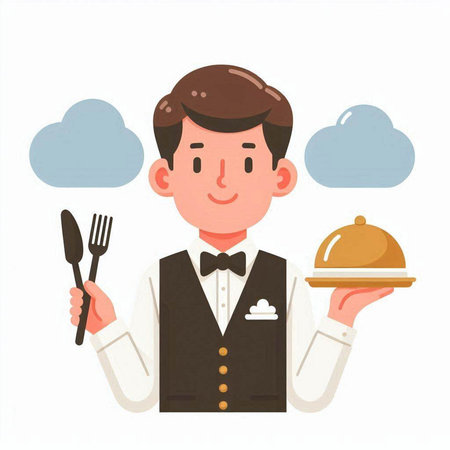 Waiter holding a tray of food. Vector illustration in cartoon style.のイラスト素材