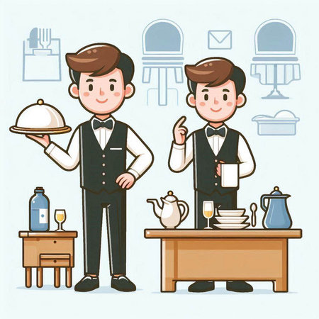 Waiter and waiter at the restaurant. Vector illustration in cartoon styleのイラスト素材