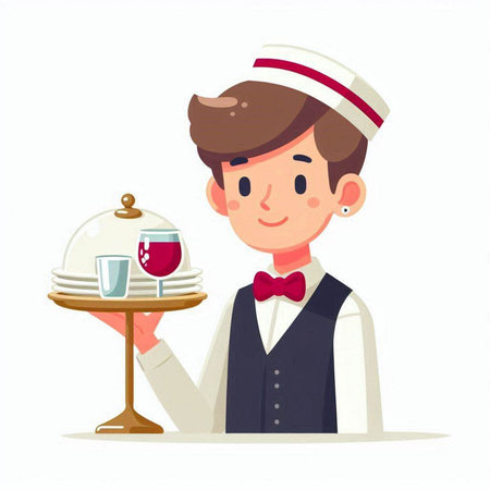 Waiter serving food on tray. Vector illustration in cartoon style.のイラスト素材