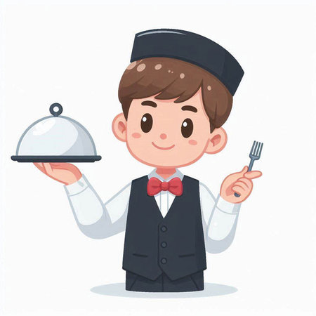 Cute waiter holding a tray of food. Vector cartoon character illustration.のイラスト素材