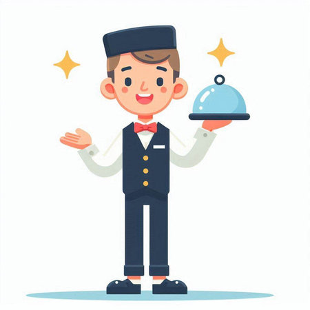 Waiter holding a tray of food. Vector illustration in cartoon styleのイラスト素材