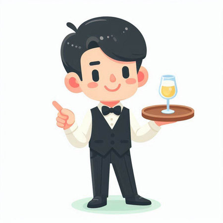 Waiter holding a tray and a glass of wine. Vector illustration.のイラスト素材