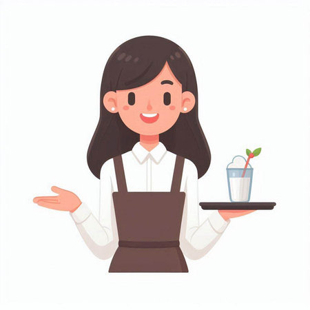 Young waitress with a tray of ice cream. Vector illustration isolated on white background.のイラスト素材