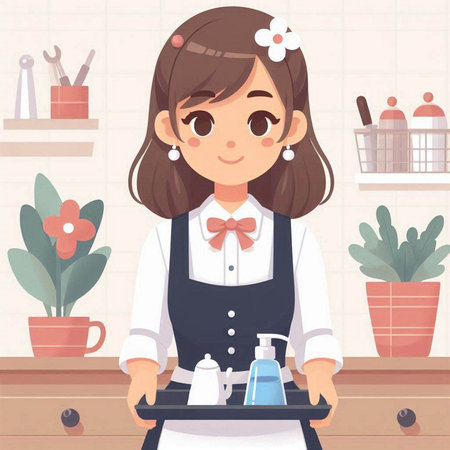 Girl in apron holding a tray with cosmetics. Vector illustration.のイラスト素材