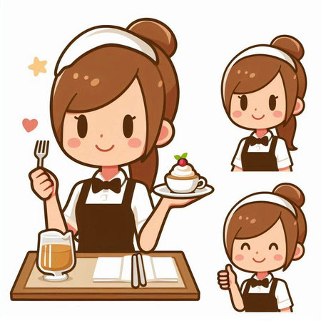 Cafe staff vector illustration. Cute cartoon waitress character set.のイラスト素材