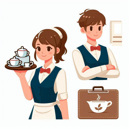 Waitress and cafe staff vector illustration. Set of waitress and waiter in uniform holding tray with coffee cup and saucer.のイラスト素材