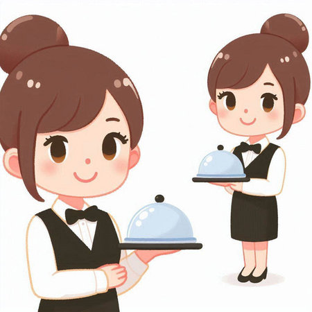 Waitress and waiter holding a tray of food. Vector illustration.のイラスト素材