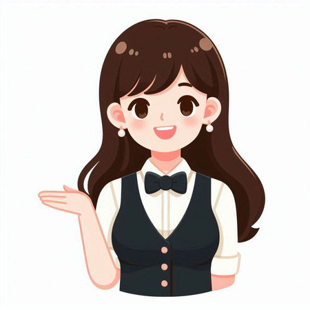 Illustration of a young businesswoman wearing a suit and bow tie.のイラスト素材
