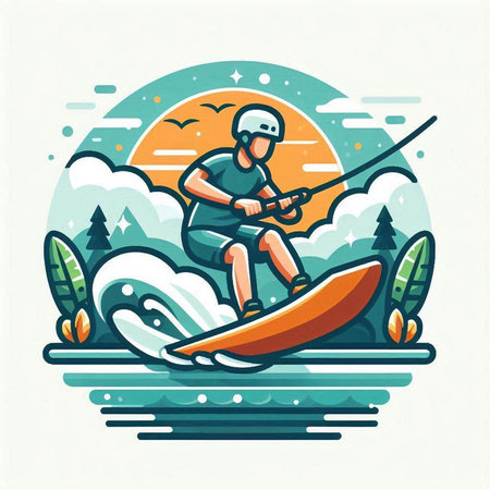 Vector illustration of a man riding a surfboard on the lake.のイラスト素材