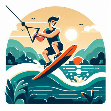 Young man wakeboarding on a lake. Vector illustration in flat styleのイラスト素材