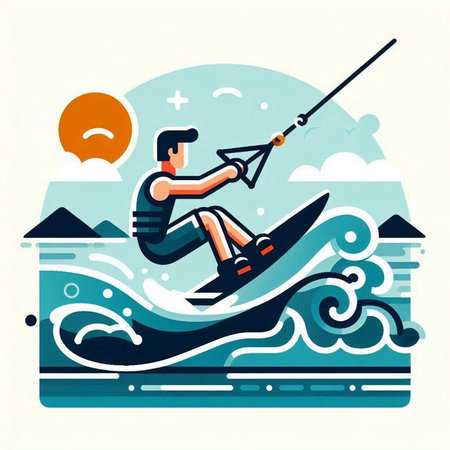Man on a wakeboard in the sea. Vector illustration. Flat style.のイラスト素材