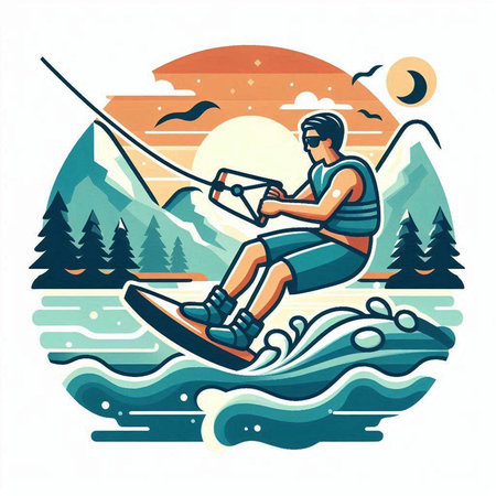 Man wakeboarding on the lake. Vector illustration in retro style.のイラスト素材