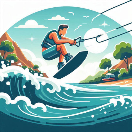 Man on a wakeboard. Vector illustration in flat style. Surfing.のイラスト素材